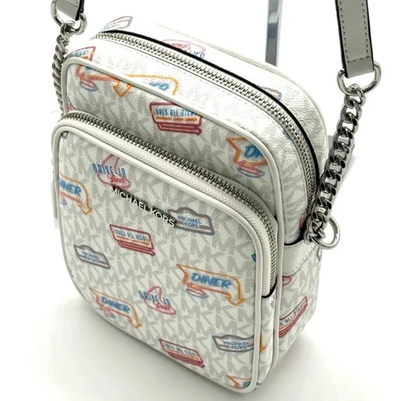 Michael Kors Jet Set Medium Printed Signature Logo Crossbody Bag Optic White